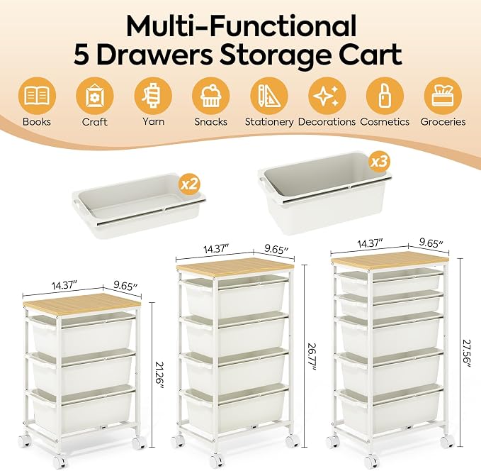 Slim Rolling Storage Cart with 5 Drawers, Craft Organizer, Wooden Tabletop - Image 2