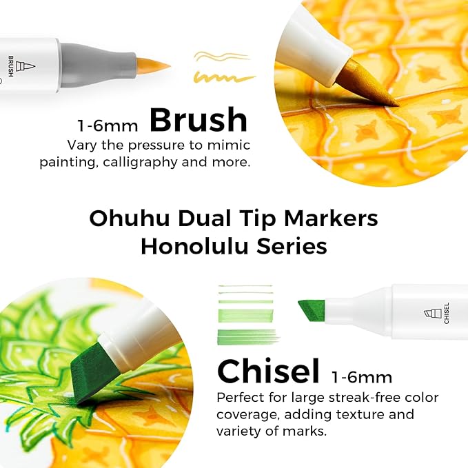Ohuhu Alcohol Markers Brush Tip -Double Tipped Art Marker Set for Artist Adults Coloring Illustration - 120 Colors- Brush & Chisel Dual Tips- Honolulu of Ohuhu Markers- Refillable Alcohol-based Ink-DeskLoop Office