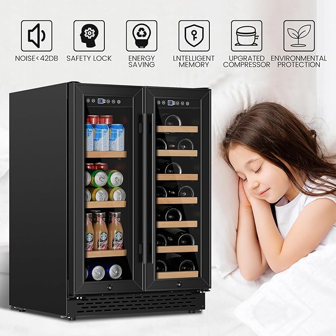24 Inch Wine and Beverage Refrigerator Under Counter, Dual Zone Black Beverage Fridge with Glass Door&Lock,20 Bottles & 88 Cans Wine and Beverage Cooler, Freestanding Mini Fridge for Bedroom Home-DeskLoop Office