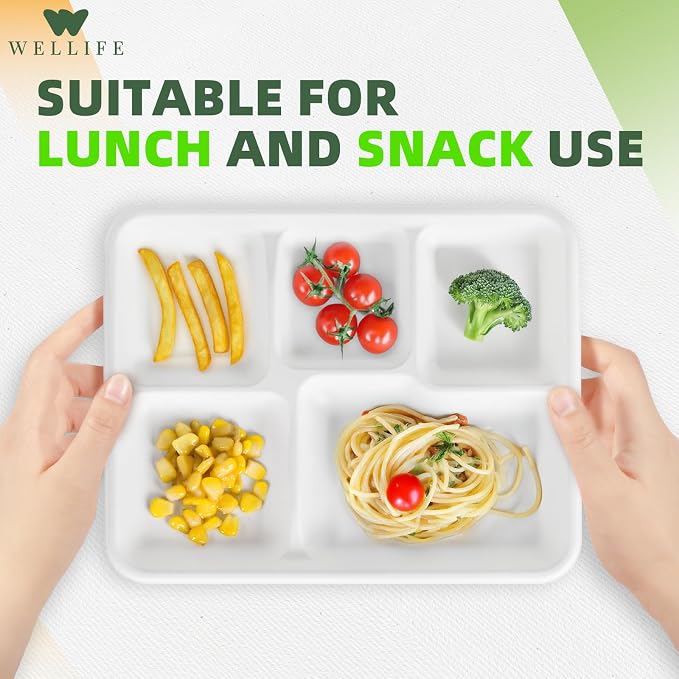 WELLIFE 125 Pack Kids Small 5-Compartment Paper Plates, 10.25x8.25 Inch 100% - Image 3