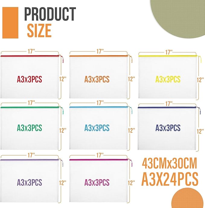 YOPCDJ 24pcs Mesh Zipper Pouch File Bags Puzzle Storage Bags, A3 17x12 Inches - Image 3