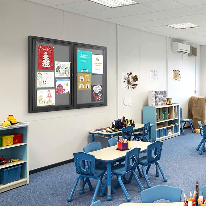 Enclosed Bulletin Board Outdoor Noticeboard with Locking Door, Weather-Resistant, Grey Felt, Black Aluminum Frame, 48 x 34 in-DeskLoop Office