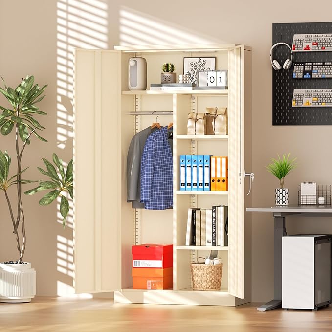 Greenvelly Metal Storage Wardrobe Cabinet with Lock, 72" Grey Metal Wardrobe Closet for Hanging Clothes with Doors and Shelves, Modern Clothes Closet for Home, Office and Bedroom, School,Gym-DeskLoop Office
