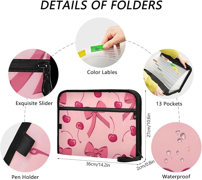 Expanding File Folder Pink Bow Cherry Accordion File Organizer 13 Pockets - Image 4