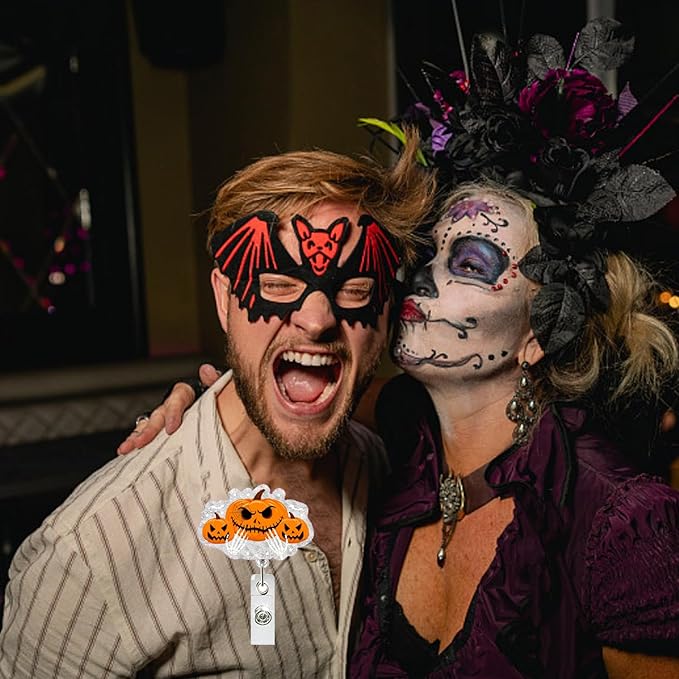 Halloween Pumpkin Badge Reel Cute Glitter Badge Holder Badge Clip Nurse Badge Reel Halloween Handbone Retractable Name Badge Name Tag Holder Nursing Student Social Worker Gift for Coworker-DeskLoop Office