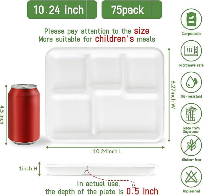 75Pack Compostable 5 Compartment Plates 10.25x8.25 inch Divided Paper Food Trays - Image 2