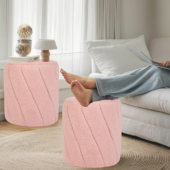 Modern Round Ottoman, Spiral-Tufted Foot Stool Ottoman, Teddy Fleece Upholstered Vanity Stool for Makeup, Bedroom, Living Room, Pink-DeskLoop Office