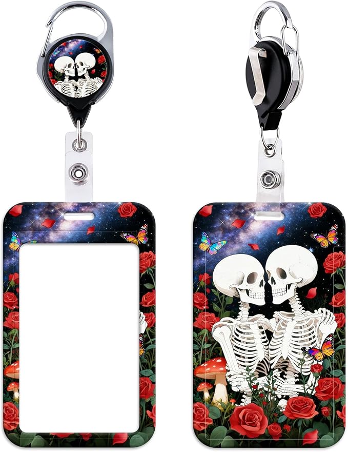 Cool Skeleton Skull ID Badge Holder Cute Rose Keychain Retractable Badge Reel by beemorita