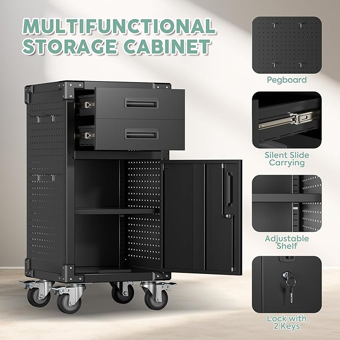 Garage Storage Cabinet, Metal Storage Cabinet with 1 Locking Door and 2 Drawers, Heavy Duty Rolling Workbench Table with Wheels and Pegboards for Garage, Office and Tool Room-DeskLoop Office
