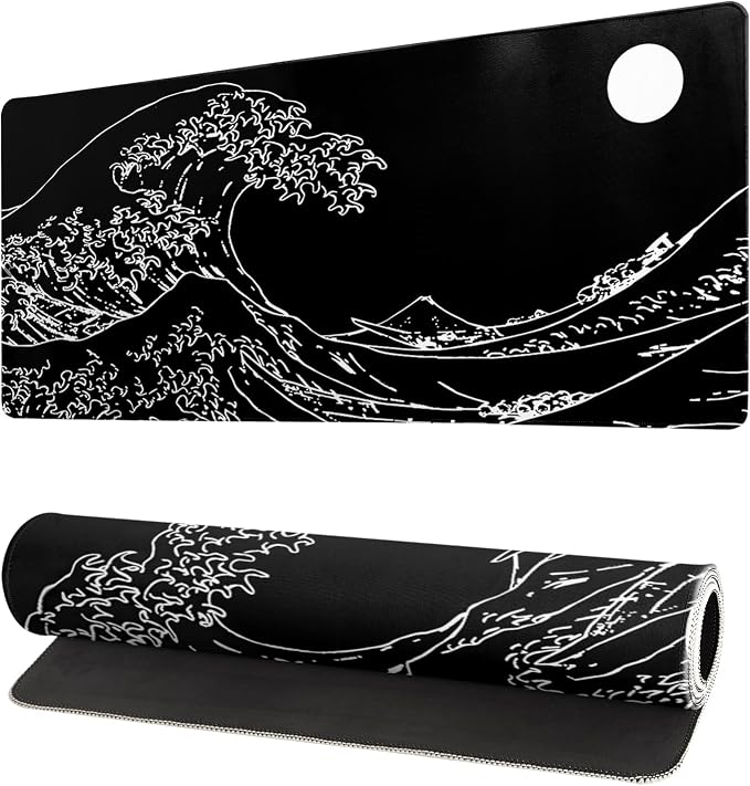 Japanese Sea Wave Gaming Mouse Pad 27.6x11.8 Inch Anime Black Large Mousepad by Siski