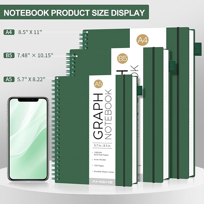 AHGXG Graph Paper Notebook - Spiral Notebook Journal 160 Pages, A5 Graph Notebook 5.7" x 8.3", 100 gsm Thick Grid Paper, Waterproof Plastic Cover, for School Writing Engineering Math, Green-DeskLoop Office