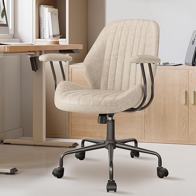 Mid Century Modren Office Chair - Swivel Executive Chair with Lumbar Support, Mid Back Ergonomic Computer Desk Chair with Wheels,Faux Lether Suede Task Chair,350lbs (Beige, Mid Back)-DeskLoop Office