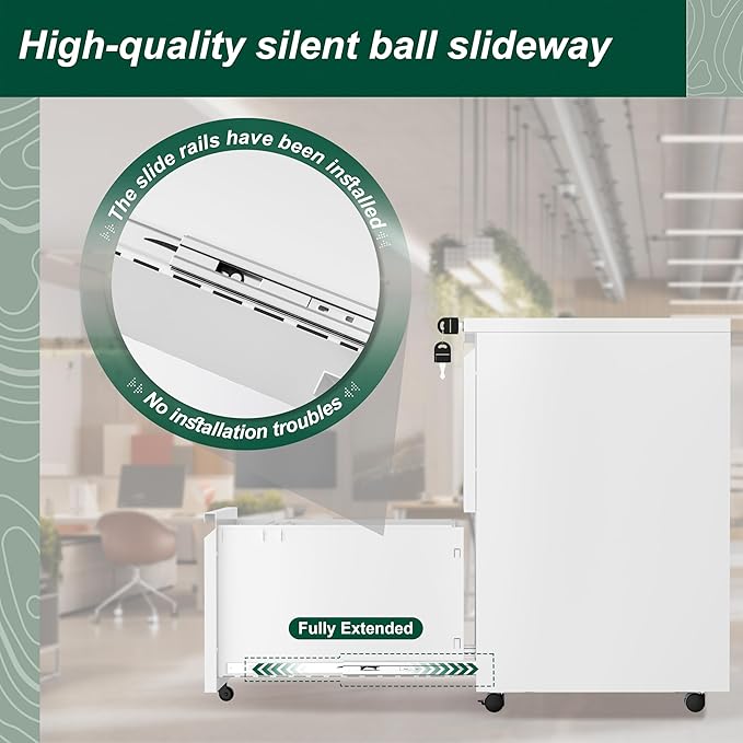 Superday 2 Drawer File Cabinet, Metal Rolling Filing Cabinet with Lock, Small File Cabinets with 2 Drawer, Filing Cabinets for Home Office Fit A4/Letter/Legal, Easy Assemble, White-DeskLoop Office