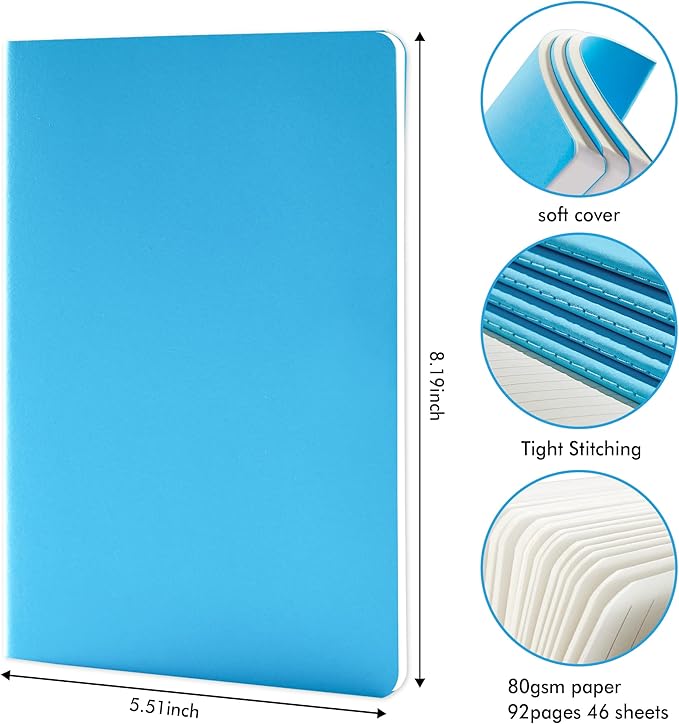 8 Pack Soft Cover Journal Bulk, Feela Notebooks College Ruled for Work, Lined Travel Journal for Women Men, Note Taking Notebook School Supplies Business Writing, 8.2” x 5.5”, A5, Blue-DeskLoop Office
