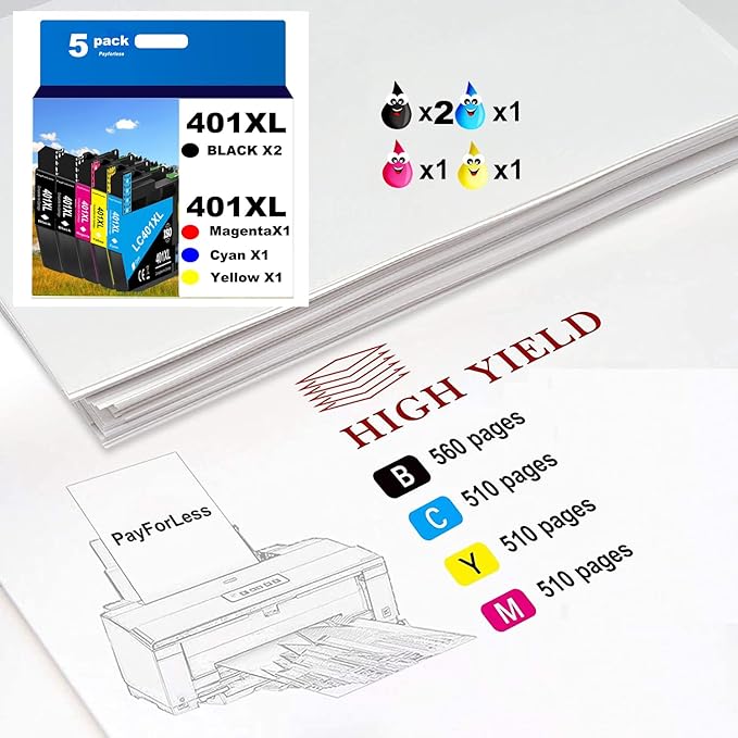PayForLess LC401XL Ink Cartridges for Brother Printer Compatible for LC401 401XL Ink Cartridges for MFC-J1010DW MFC-J1012DW MFC-J1170DW Printer 5 Pack (2 Black, 1 Cyan, 1 Magenta, 1 Yellow)-DeskLoop Office