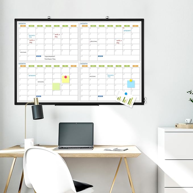 36" x 24" Magnetic Dry Erase Calendar Whiteboard, 4 Month Calendar White Board Planner, Black Aluminum Frame Wall Mounted Board for Office Home and School-DeskLoop Office