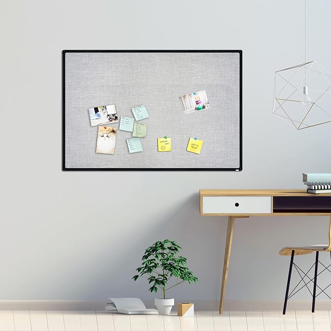 JILoffice Cork Linen Bulletin Board 36 X 24 Inch (Grey), Black Aluminum Frame Wall Mounted Board Memo Pin Board for Office Home and School-DeskLoop Office