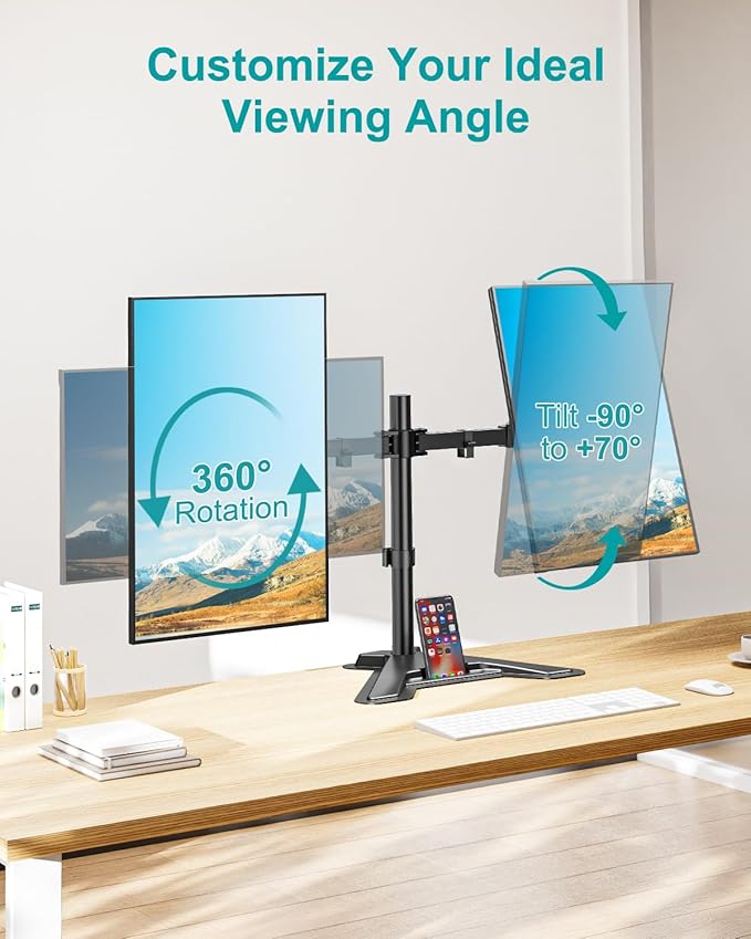MOUNT PRO Dual Monitor Stand, Free-Standing Full Motion Monitor Desk Mount Fits 2 Screens up to 27 inches,17.6lbs with Height Adjustable, Swivel, Tilt, Rotation, VESA 75x75 100x100, Black-DeskLoop Office