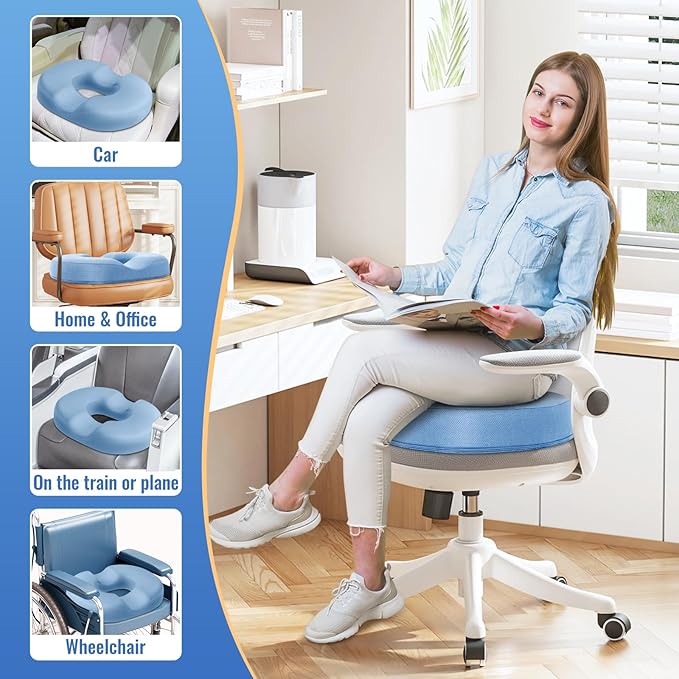 CloudBliss Donut Pillow Seat Cushion Chair Pad for Tailbone Pain Relief and Hemorrhoids, Memory Foam Seat Chair Cushion for Men and Women for Home & Office, (Light Blue)-DeskLoop Office