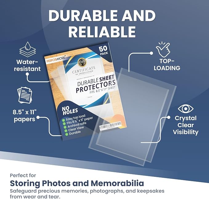 Performore 50 Clear No Hole Sheet Protectors, 8.5" x 11", Plastic Sheet Sleeves - Image 2