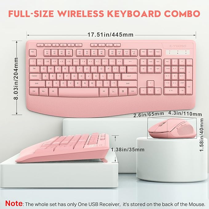 Wireless Keyboard and Mouse Combo, E-YOOSO 2.4GHz Full Sized Ergonomic Wireless Keyboard with Wrist Rest, 3 DPI Adjustable and 6 Buttons Cordless USB Mouse for Computer, Laptop, PC, Windows (Pink)-DeskLoop Office