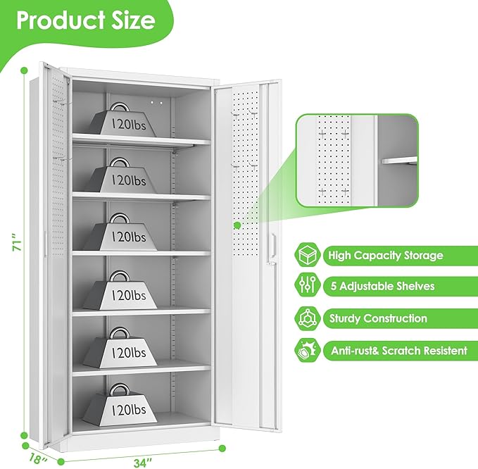 Aobabo Upgraded 71" H×34" W×18" D Metal Garage Storage Cabinet with Pegboards, Lockable Steel Cabinet with 5 Adjustable Shelves and 4 Hooks for Garage, Home, Office, White,Assembly Required-DeskLoop Office