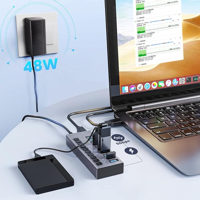 48W Powered USB Hub - ACASIS 10 Ports USB 3.0 Data Hub, Individual On/Off Switches, 12V/4A Power Adapter, Aluminum Housing, USB Splitter for PC, Computer, Mobile HDD, Flash Drive-DeskLoop Office