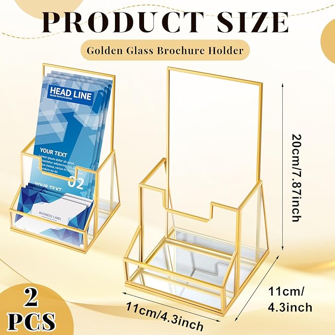 2 Pcs 4 Inches Gold Glass Brochure Holder Countertop Literature Trifold Pamphlet Stand with Business Name Card Holder Flyer Brochure Display for Magazine, Booklets, Menu, Journals Display-DeskLoop Office