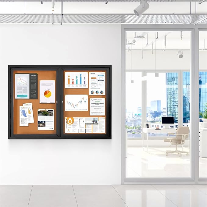 Enclosed Bulletin Board Outdoor Noticeboard with Locking Door, Weather-Resistant, Cork, Black Aluminum Frame, 48 x 34 in-DeskLoop Office