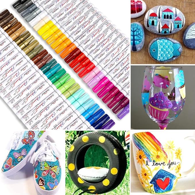 Overseas 36 Colors Paint Marker Pens - Permanent Oil Based Paint Markers, Medium Tip, Quick Drying, Waterproof Assorted Colors Marker Pen for Metal, Wood, Plastic, Rock, Stone, Rubber, Canvas, Glass