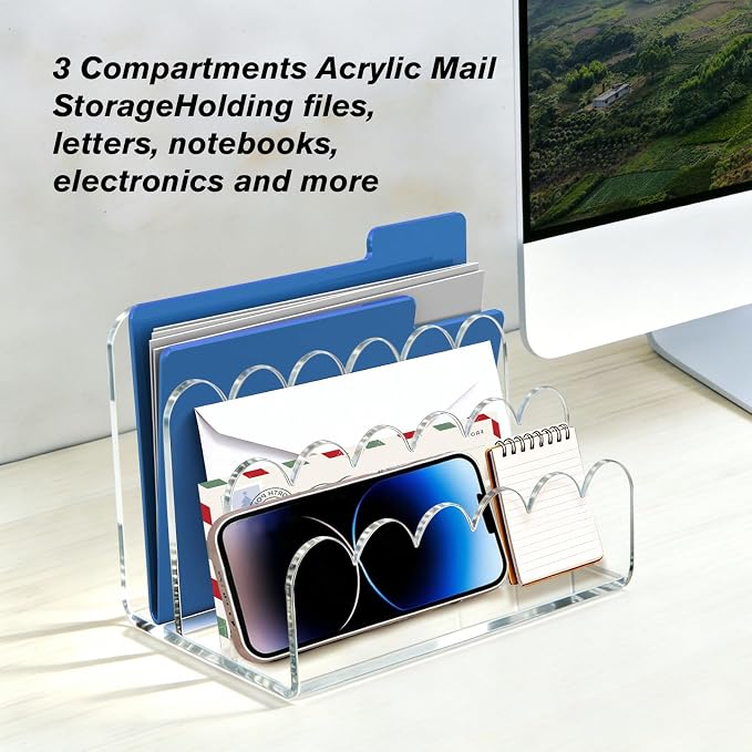 3 Compartments Acrylic Mail Organizer, Vertical File Sorter & Scalloped Desk - Image 5