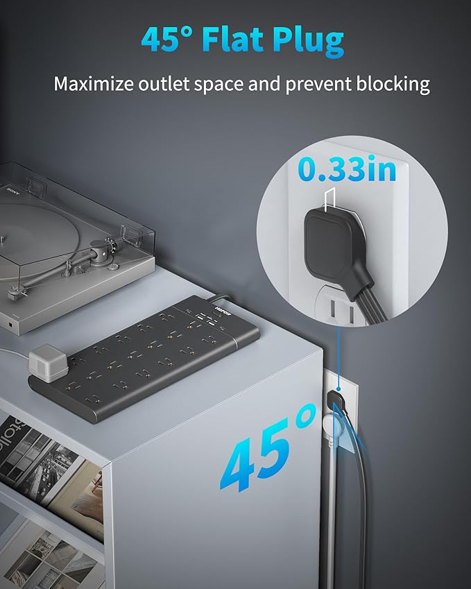 Flat Plug Power Strip, Surge Protector with 19 Outlets and 4 USB Ports, HOPOW 6 Ft Heavy Duty Extension Cord, 1875W, 2100J Surge Protection, Wall Mount for Home, Office, Gaming Room, Dorm, Black-DeskLoop Office