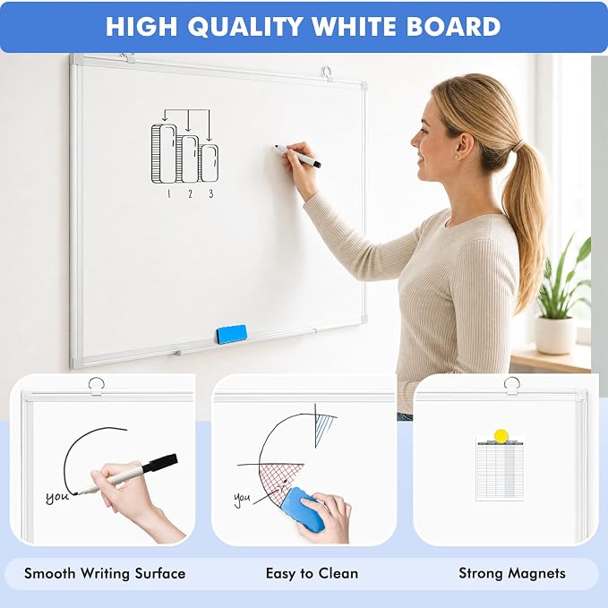 WALGLASS Double-Sided Dry Erase White Board, Hanging Mounted White Board Silver - Image 3