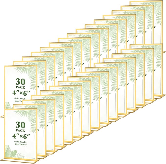 30 Pack 4x6 Gold Acrylic Sign Holders, Double Sided Clear Frames by ALFFUN