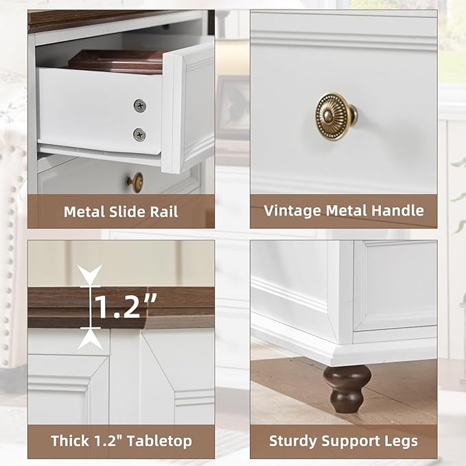 24" Wide Farmhouse Night Stand Set of 2,Large End Table with 3 Drawers & Metal Handle,White Wood Dresser for Bedroom Cabinet, Bed Side Table Chest of Drawers,Nightstand for Living Room,Closet-DeskLoop Office