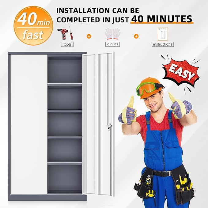 INTERGREAT Garage Storage Cabinets with Doors and Shelves,72" Grey White Steel Tool Locking Cabinet, Metal Storage Cabinet for Home Office, Warehouse, School-DeskLoop Office