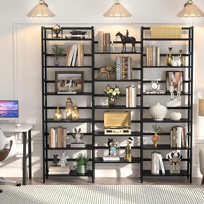Homykic Bamboo Triple Wide Shallow Bookshelves and Bookcases, 6-Tier 6ft Tall Bookshelf with 17 Open Display Shelves, Super Large Freestanding Book Shelf for Home Office, Bedroom, Living Room, Black-DeskLoop Office