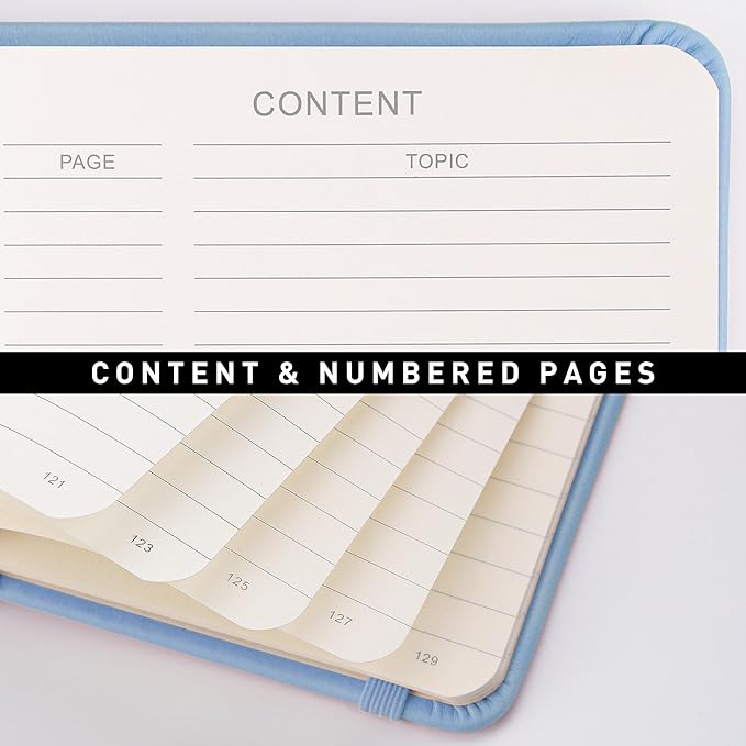 RETTACY Lined Journal Notebook, 192 Numbered Pages, A5 Medium Size (5.7'' x 8.3''), for Men & Women, Journaling, Writing, Work & Office, Leather Hardcover, 100 GSM Thick Paper (Light Blue)-DeskLoop Office