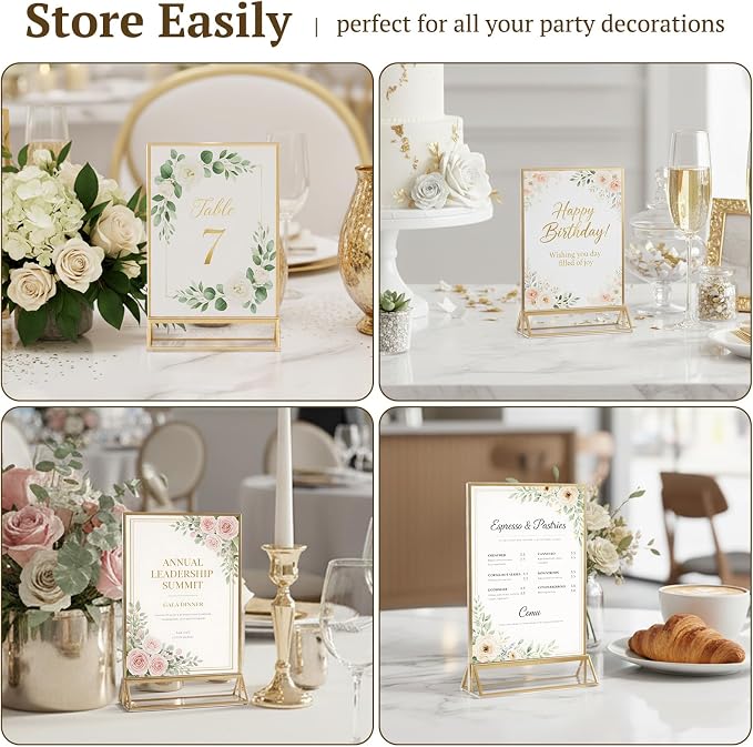 EHWINE 12 Pack Acrylic Sign Holder 4 x 6, Double Sided Gold Picture Frame Stand - Image 5
