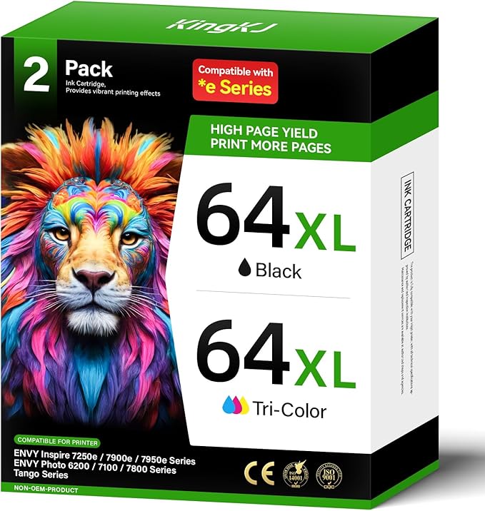 64XL Ink Cartridge Black/Color Combo Pack Replacement for HP Ink 64 XL for Envy Inspire 7900e 7255e 7955e 7958e 7200e Photo 6200 7855 7858 7800 7100 7155 7120 6252 6255 7158 7164 Tango Series Printer-DeskLoop Office