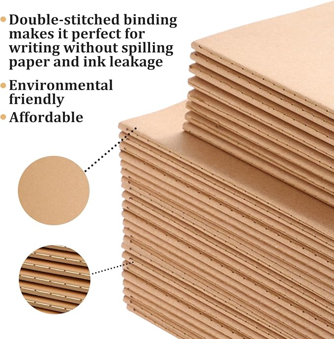 Bulk A5 Journal Notebook, Kraft Cover 60 Pages Lined Paper Journal for Traveler, Notes, Memo - Bulk Journals Sewn Brown Notebook for School Supplies, Office Supplie (line 60pages, 30pack)-DeskLoop Office