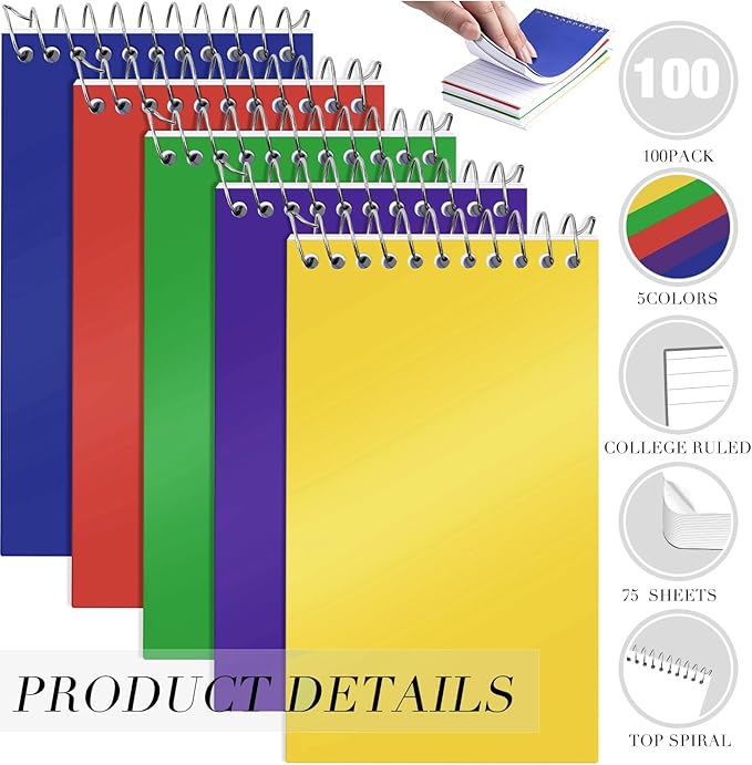 Leinuosen 100 Pcs Spiral Memo Pads 3x5 Inch 75 Sheets College Ruled Small Pocket Notebooks Little Mini Notepads Bulk Top Bound Lined Note Pads for Home School Office Travel Work (Bright Color)-DeskLoop Office