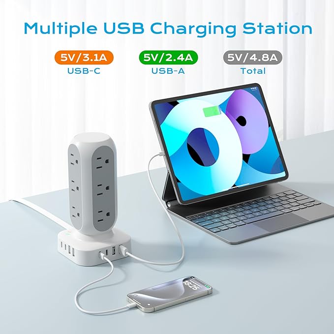 Tower Power Strip with Surge Protection, Flat Plug Outlet Extender with 12 AC Outlets & 8 USB Ports, 5 FT Extension Cord with Multiple Outlets, 24W Total Charging Station for Home Office Dorm Room-DeskLoop Office