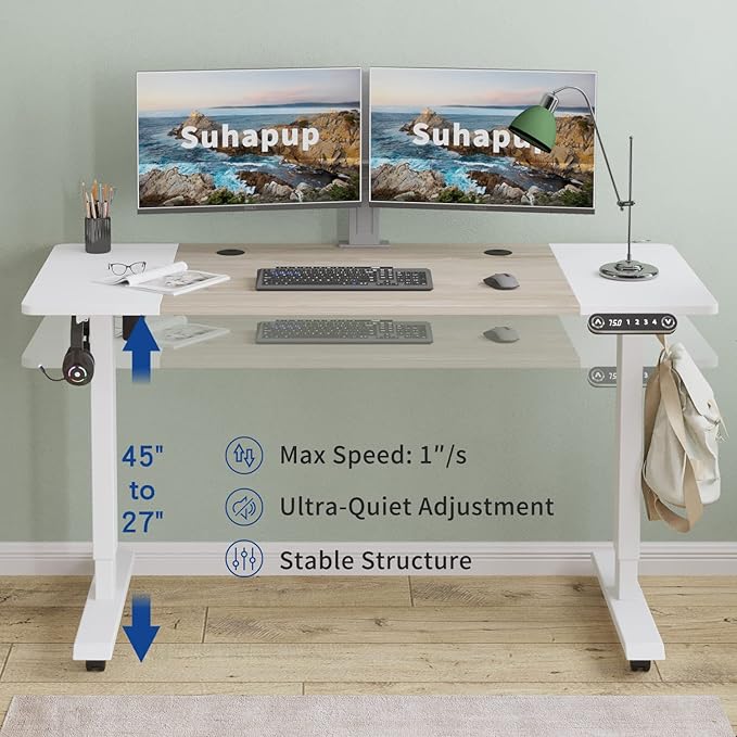 Electric Height Adjustable Standing Desk, 55 x 24 inches Sit - Stand Desk for Work or Home Office Push Button Memory Settings Oak+White Splice Board/White Frame-DeskLoop Office