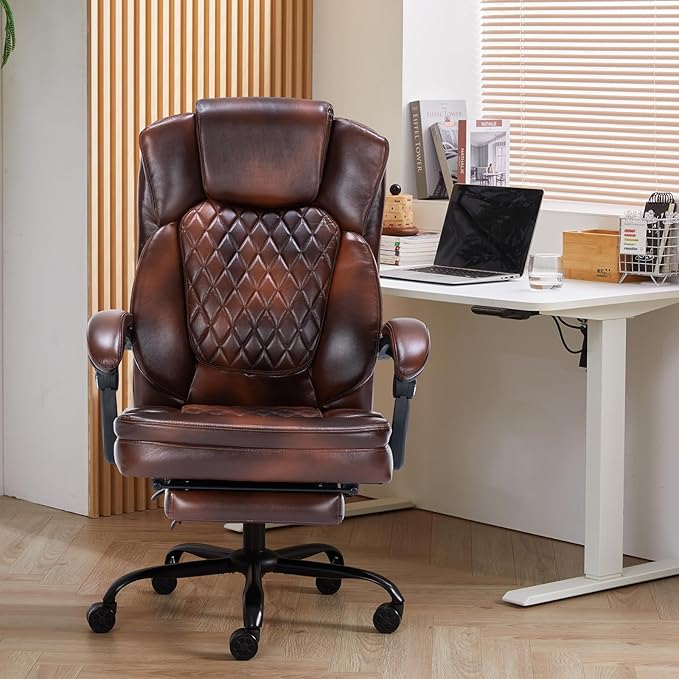 Ergonomic Office Chair with Foot Rest, Executive Chair with Footrest PU Leather Computer Chair, Big and Tall Chair Reclining Desk Chair, Thick Padded Coil Spring Seat, 400 lbs Capacity (Brown)-DeskLoop Office
