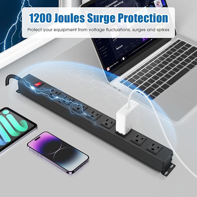 2Pack 8 Outlet Metal Wall Mount Power Strip, Mountable Outlet with Switch, Heavy Duty Wide Spaced Surge Protector, 4 FT SJT 14AWG Black Spring Cord.-DeskLoop Office