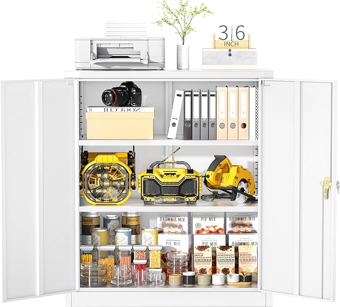 Greenvelly Metal Garage Storage Cabinet, Lockable Metal Cabinets with 2 Doors and Shelves,36”Steel Storage Locking Counter Cabinet for Office,Garage,Kitchen,Home,School(White)-DeskLoop Office
