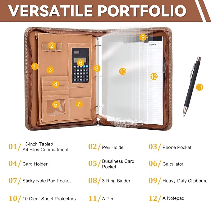 Leathario Portfolio Binder, Includes 5 Sheet Protectors and a Pen, 13 Inch - Image 4