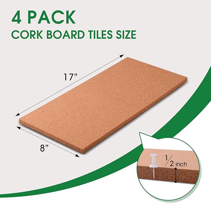 4 Pack Cork Bulletin Board 17"x8" - 1/2" Thick Cork Board Tiles,Self-Adhesive Frameless Cork Tiles Wall Decor for DIY, Office, School and Home Decor-DeskLoop Office