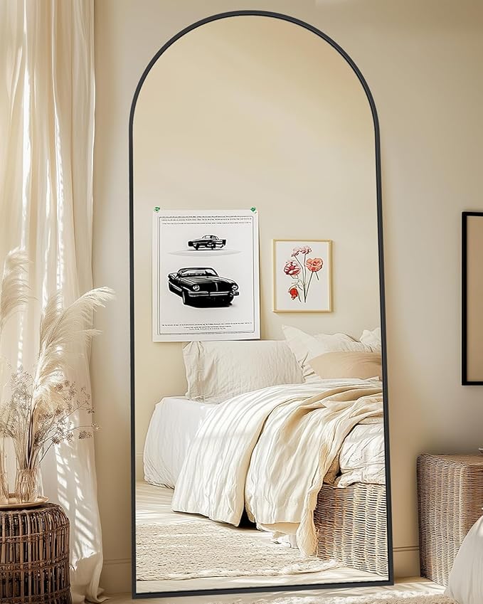 Full-Length Floor Mirror with Stand, 71"x28" Arched Style Full Body Standing Mirror for Bedroom, Living Room, Gym, Dorm - Shatter-Resistant & Easy Assembly, Black-DeskLoop Office